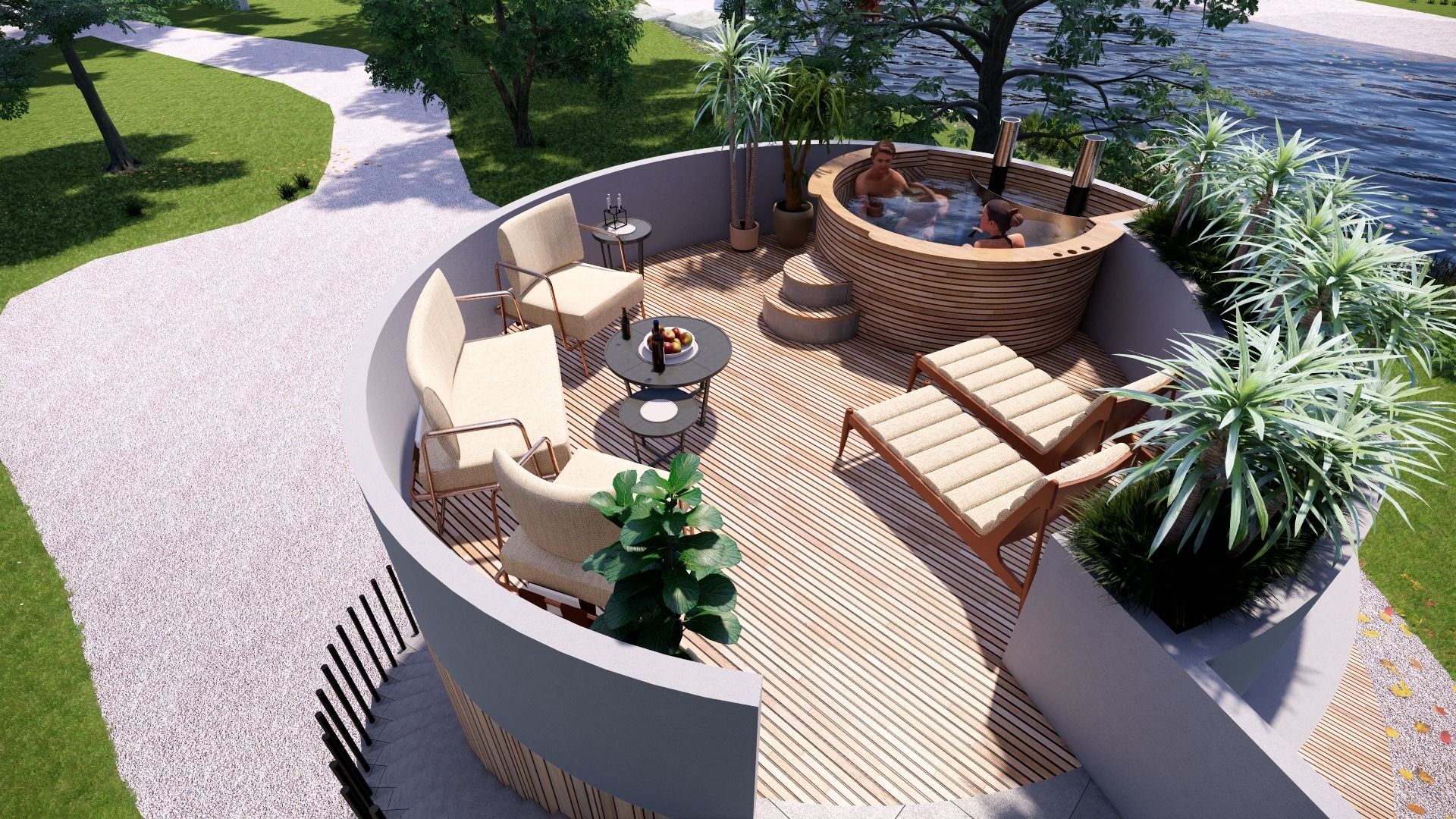 glamping pod with fireplace and hot tube on roof top Low-poly 3D model_10