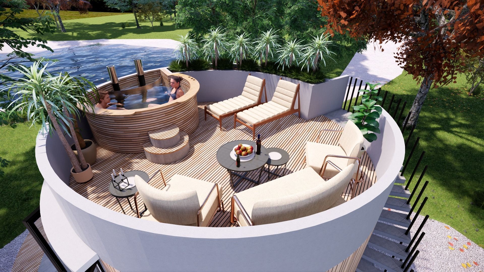 glamping pod with fireplace and hot tube on roof top Low-poly 3D model_3