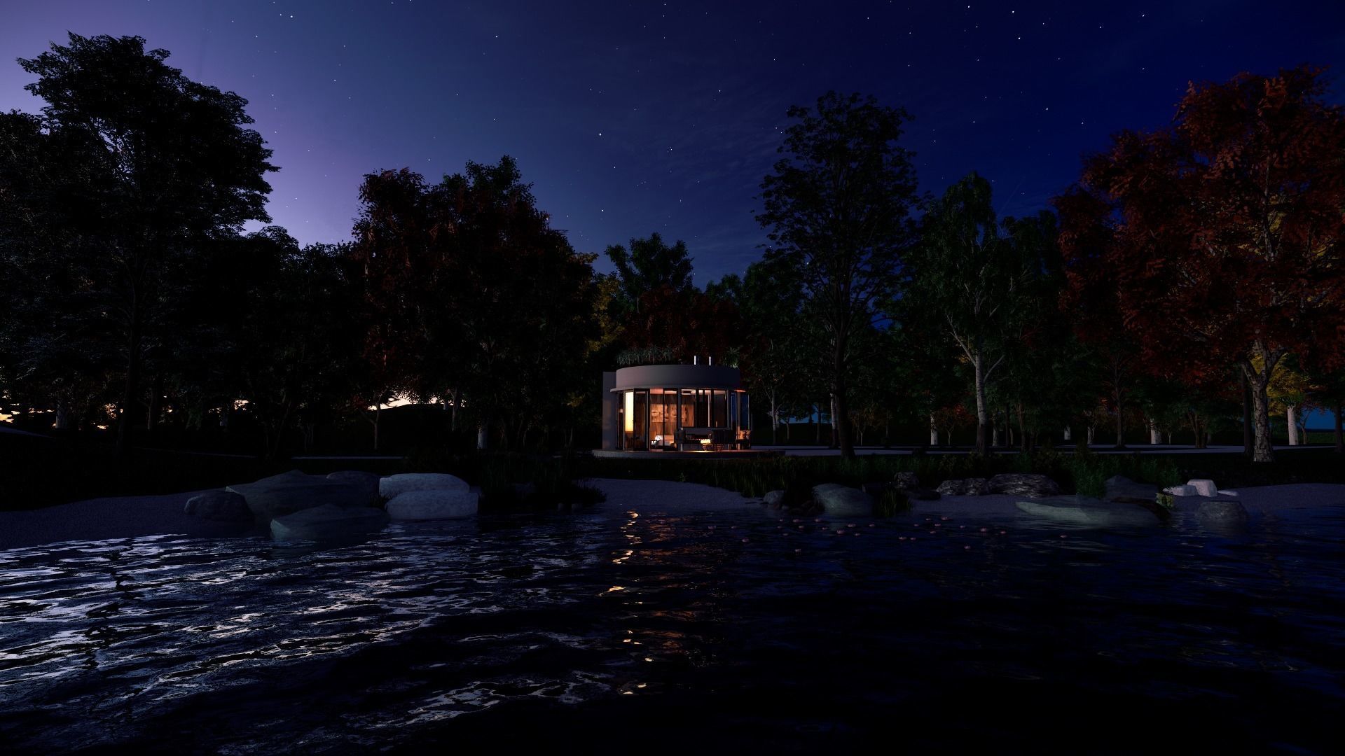 glamping pod with fireplace and hot tube on roof top Low-poly 3D model_11