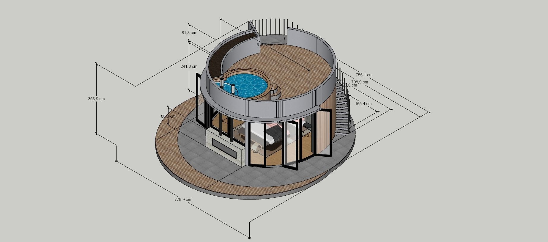 glamping pod with fireplace and hot tube on roof top Low-poly 3D model_14