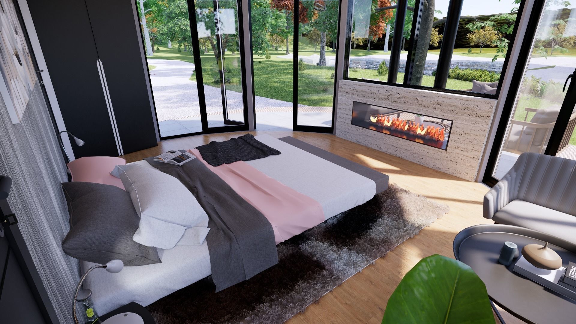 glamping pod with fireplace and hot tube on roof top Low-poly 3D model_4