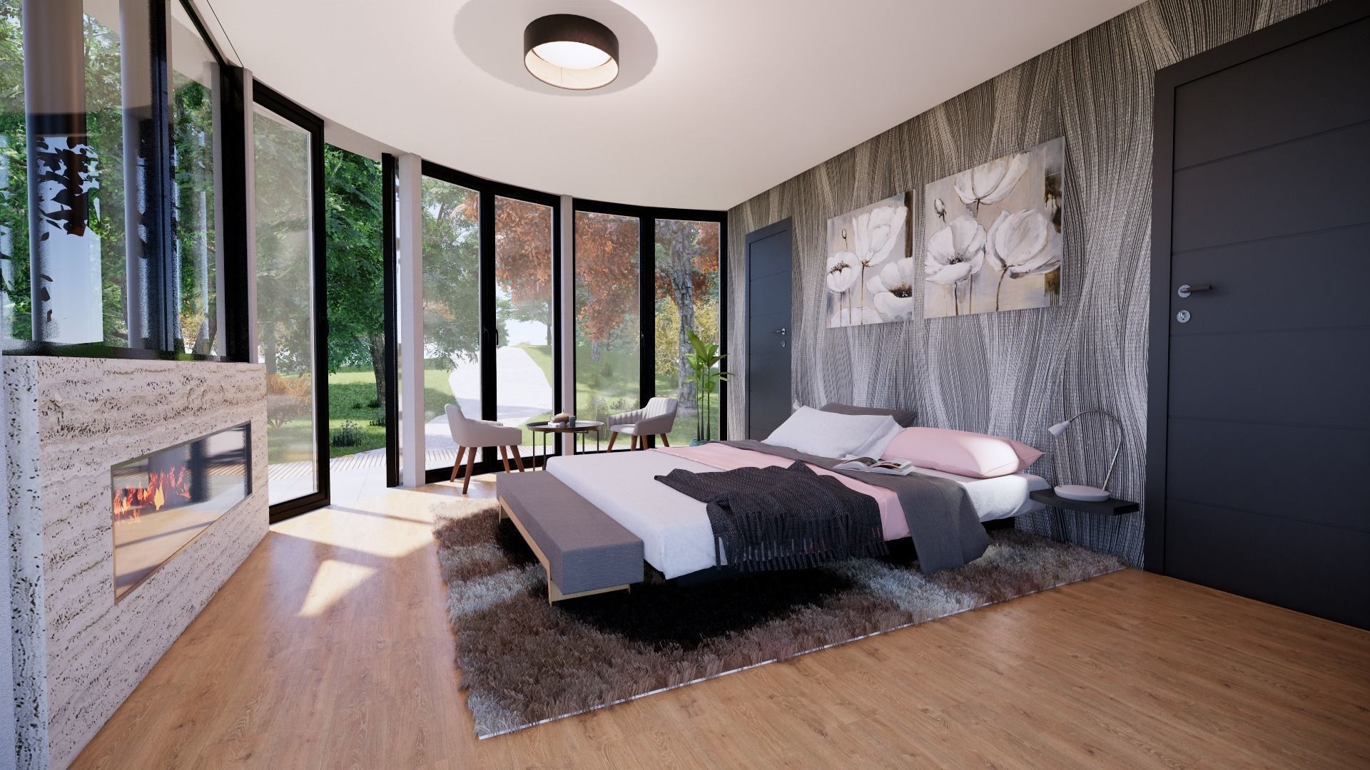 glamping pod with fireplace and hot tube on roof top Low-poly 3D model_12