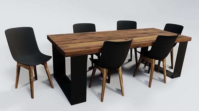 Wooden table and chairs set Low-poly 3D model