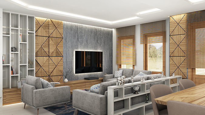 house living room with furniture and wooden walls 3D model | CGTrader