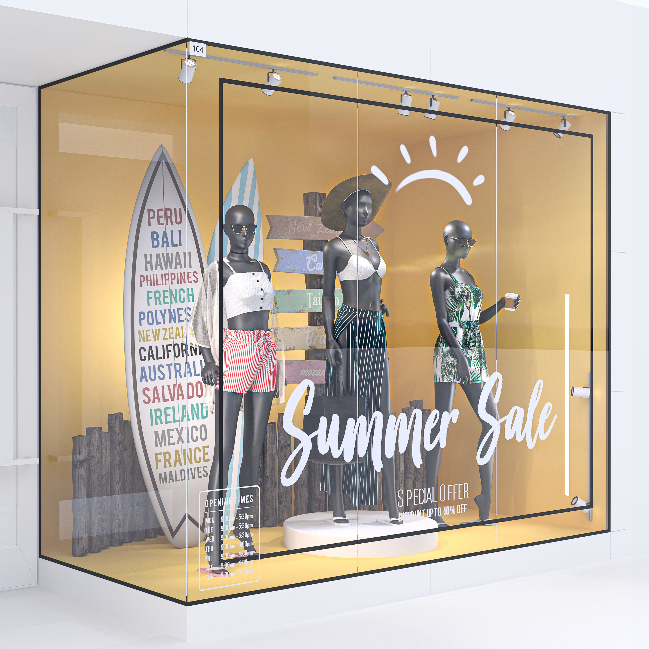 Summer Store Front with female mannequin 3D model_1