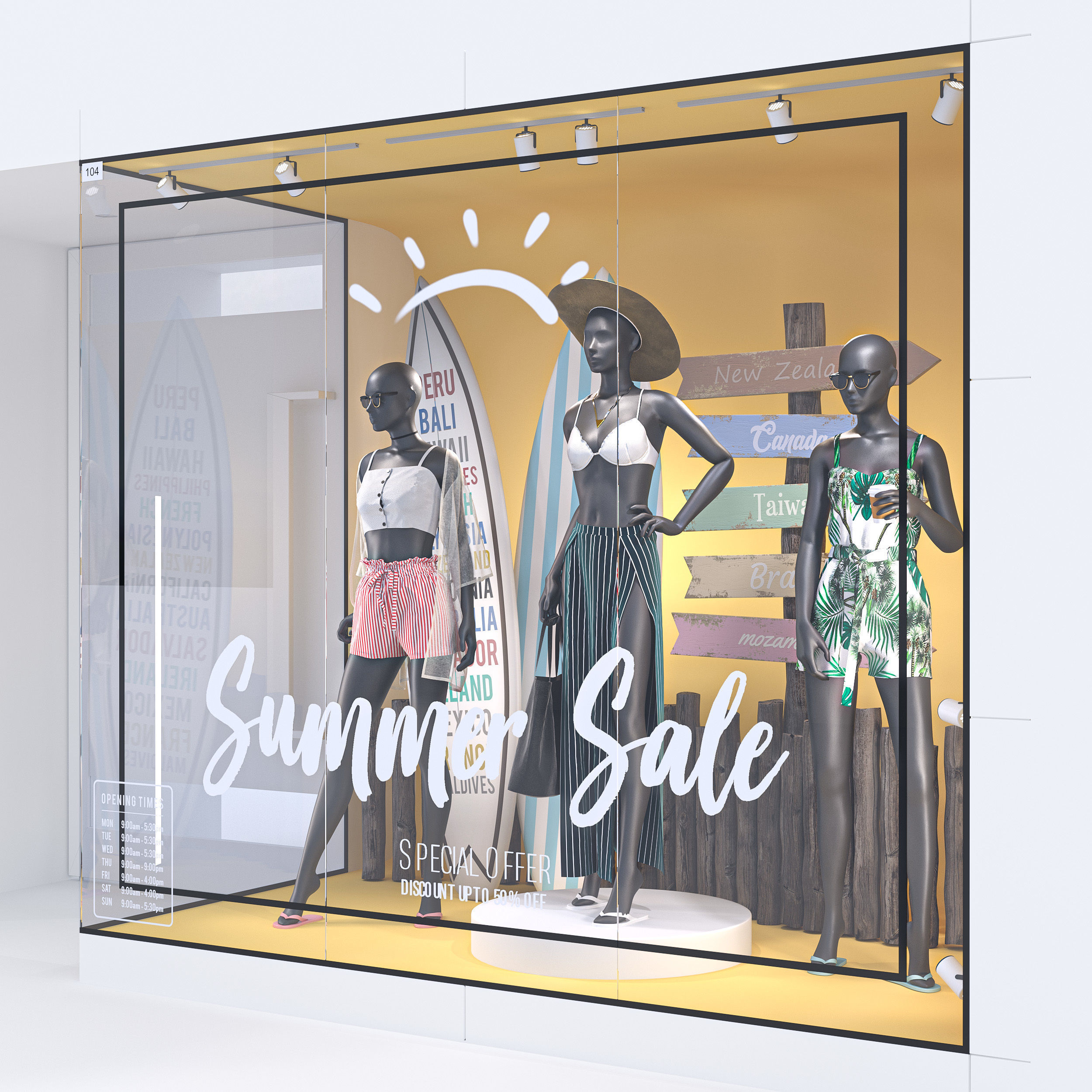 Summer Store Front with female mannequin 3D model_2