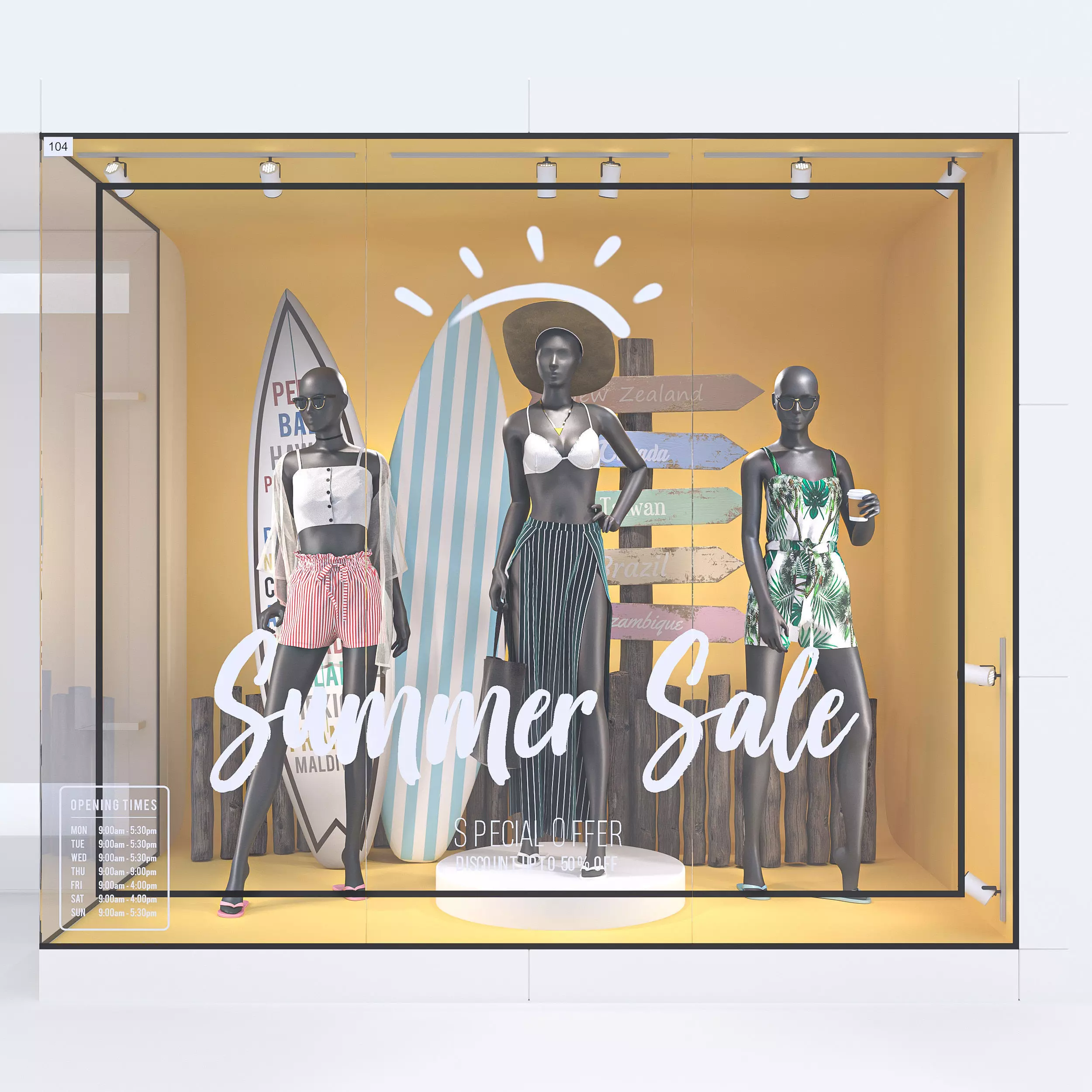 Summer Store Front with female mannequin 3D model_0