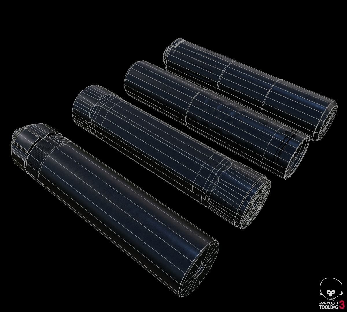 Lowpoly silencer set three cylinders Low-poly 3D model_8