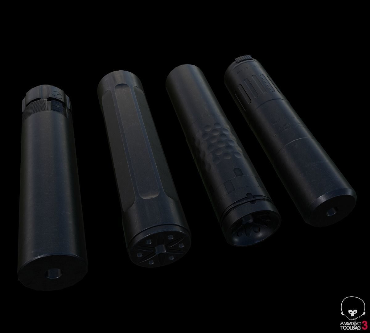 Lowpoly silencer set three cylinders Low-poly 3D model_3