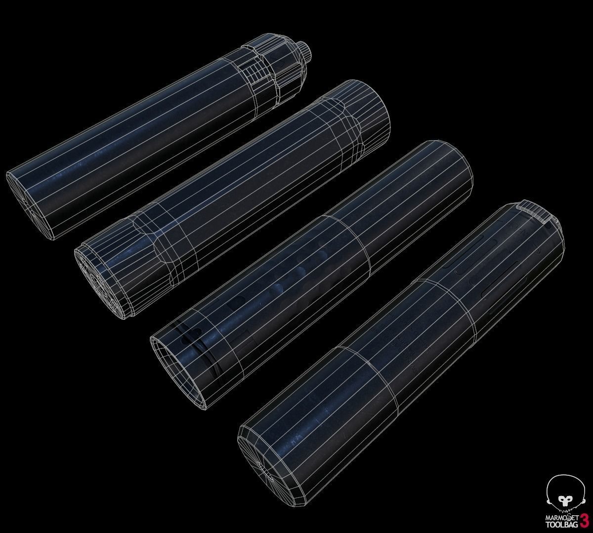 Lowpoly silencer set three cylinders Low-poly 3D model_7