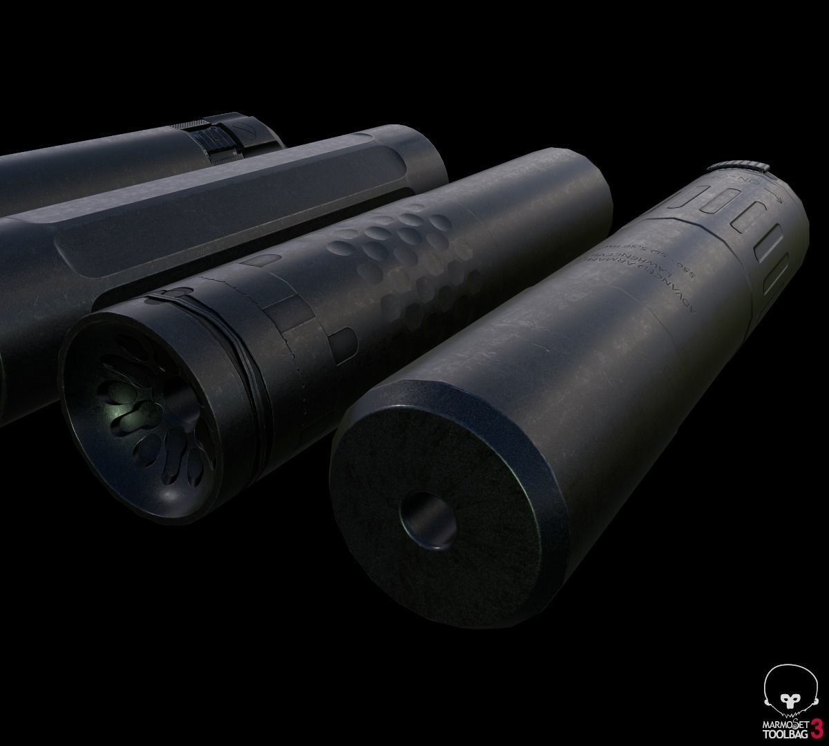 Lowpoly silencer set three cylinders Low-poly 3D model_2