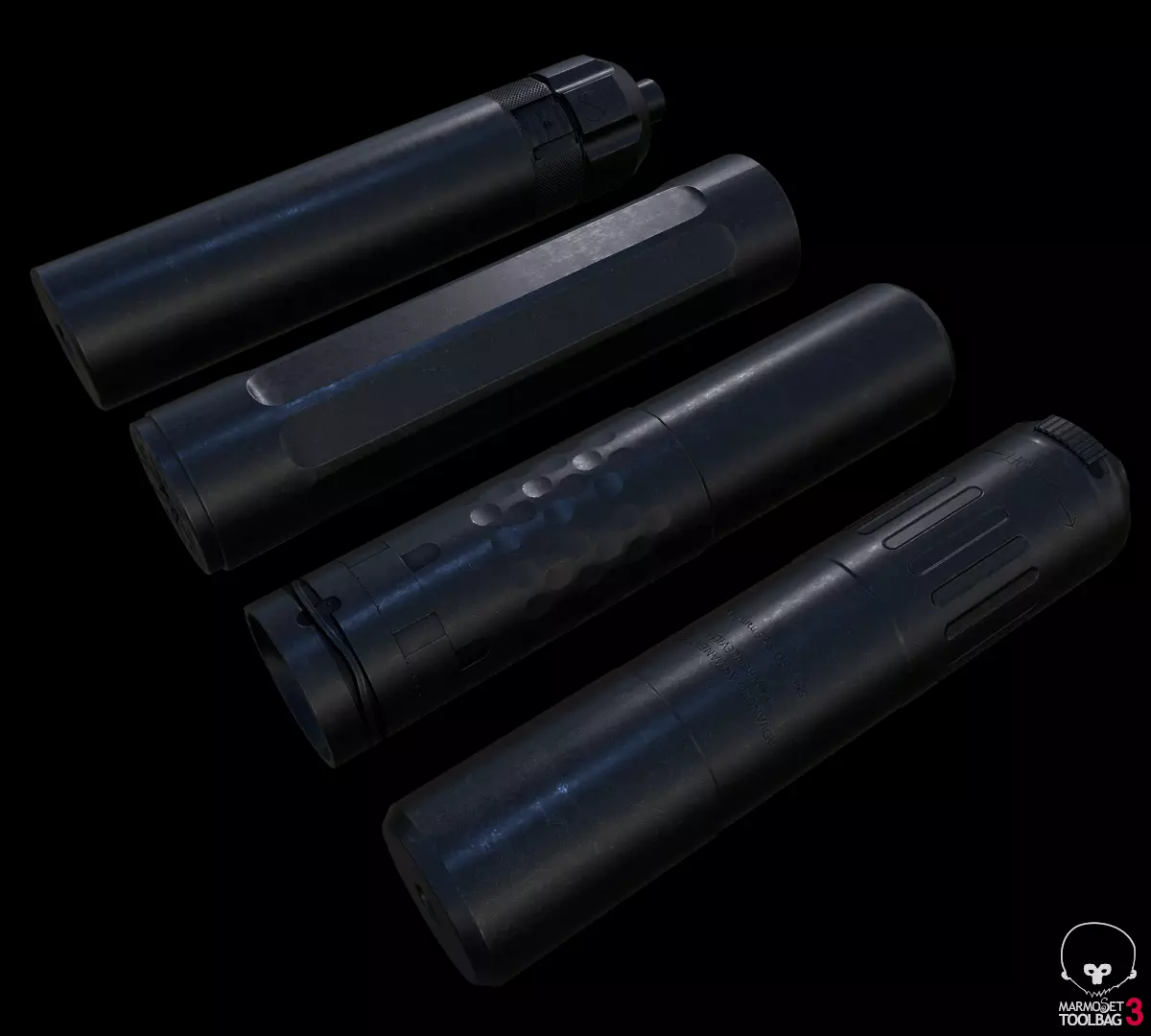 Lowpoly silencer set three cylinders Low-poly 3D model_0