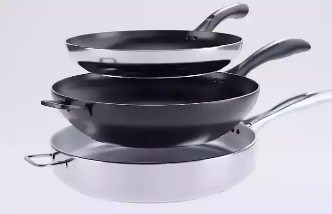 Set of Pans - Frying Saute Wok Low-poly 3D model