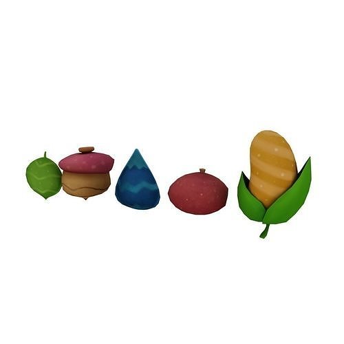Seeds group of different colored fruits and leaves 3D model