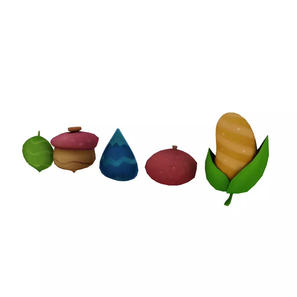 Seeds group of different colored fruits and leaves 3D model