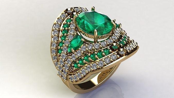 Gold Ring with Oval Pear and Round Gems 3D print model