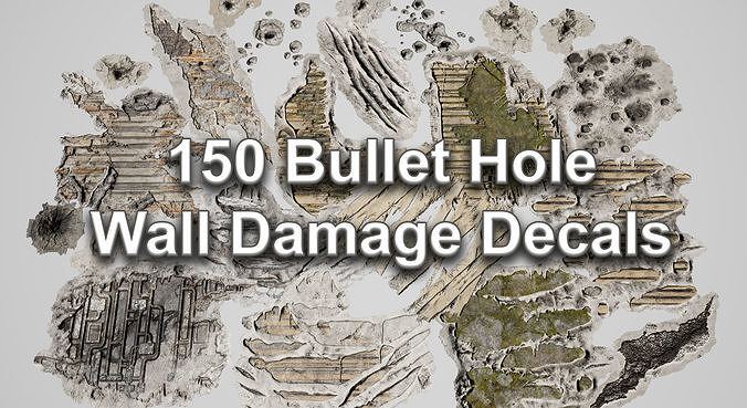 150 Bullet Hole Wall Damage Decals Texture