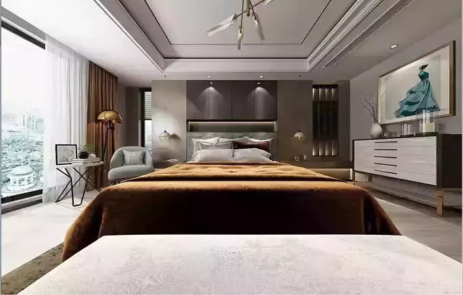 cozy bedroom Vray 3D model-O35