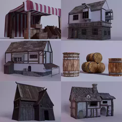 low poly medieval buildings