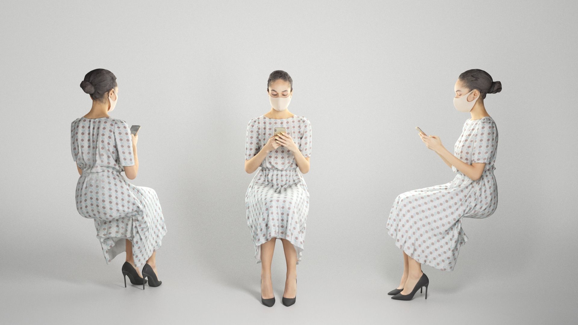 Sitting attractive lady in a dress and mask 186 Low-poly 3D model_2