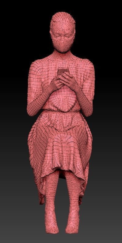 Sitting attractive lady in a dress and mask 186 Low-poly 3D model_7