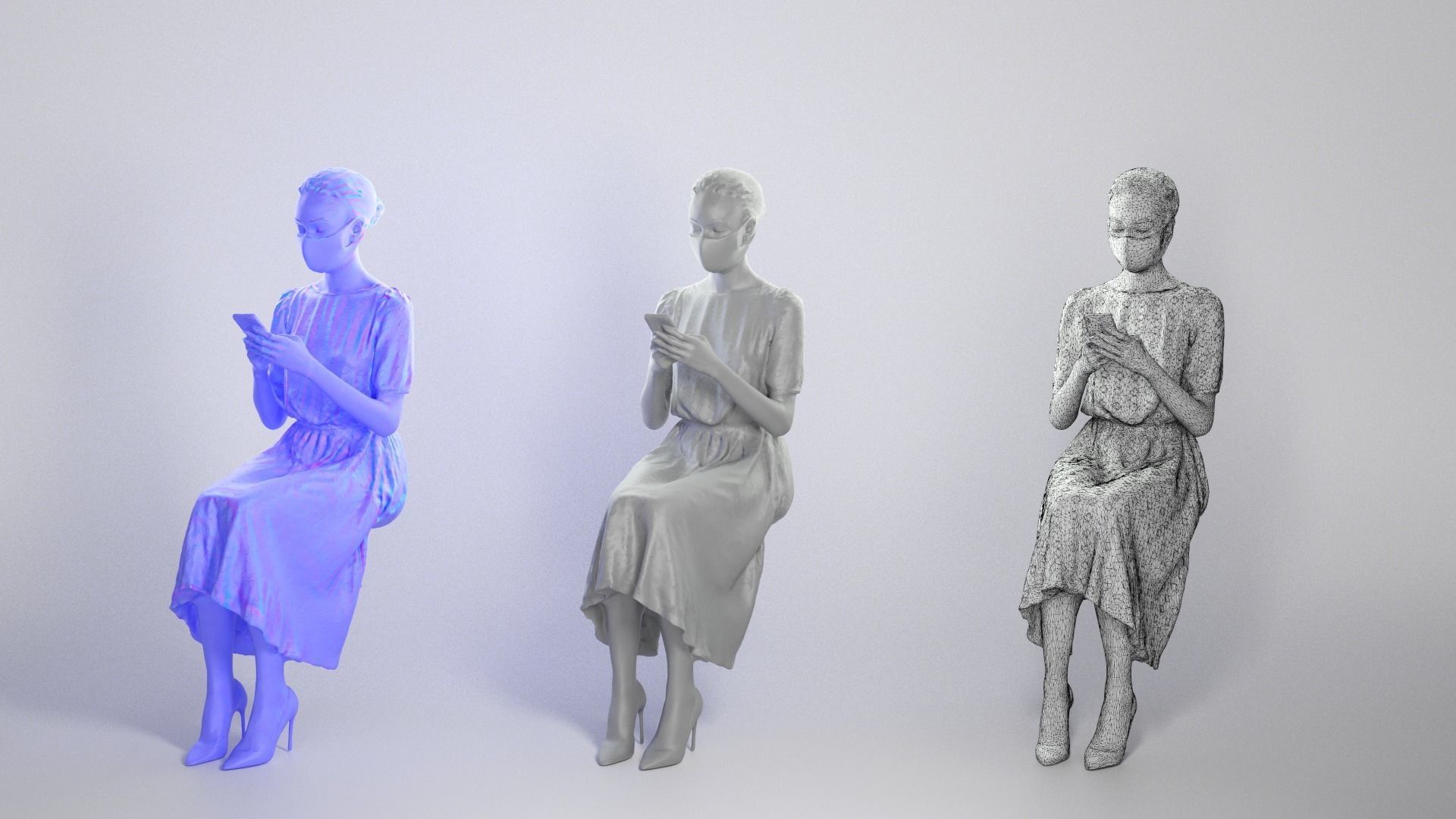 Sitting attractive lady in a dress and mask 186 Low-poly 3D model_3