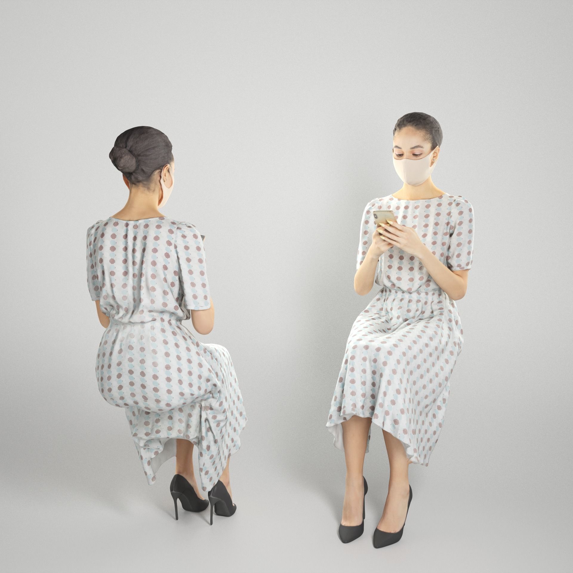 Sitting attractive lady in a dress and mask 186 Low-poly 3D model_1