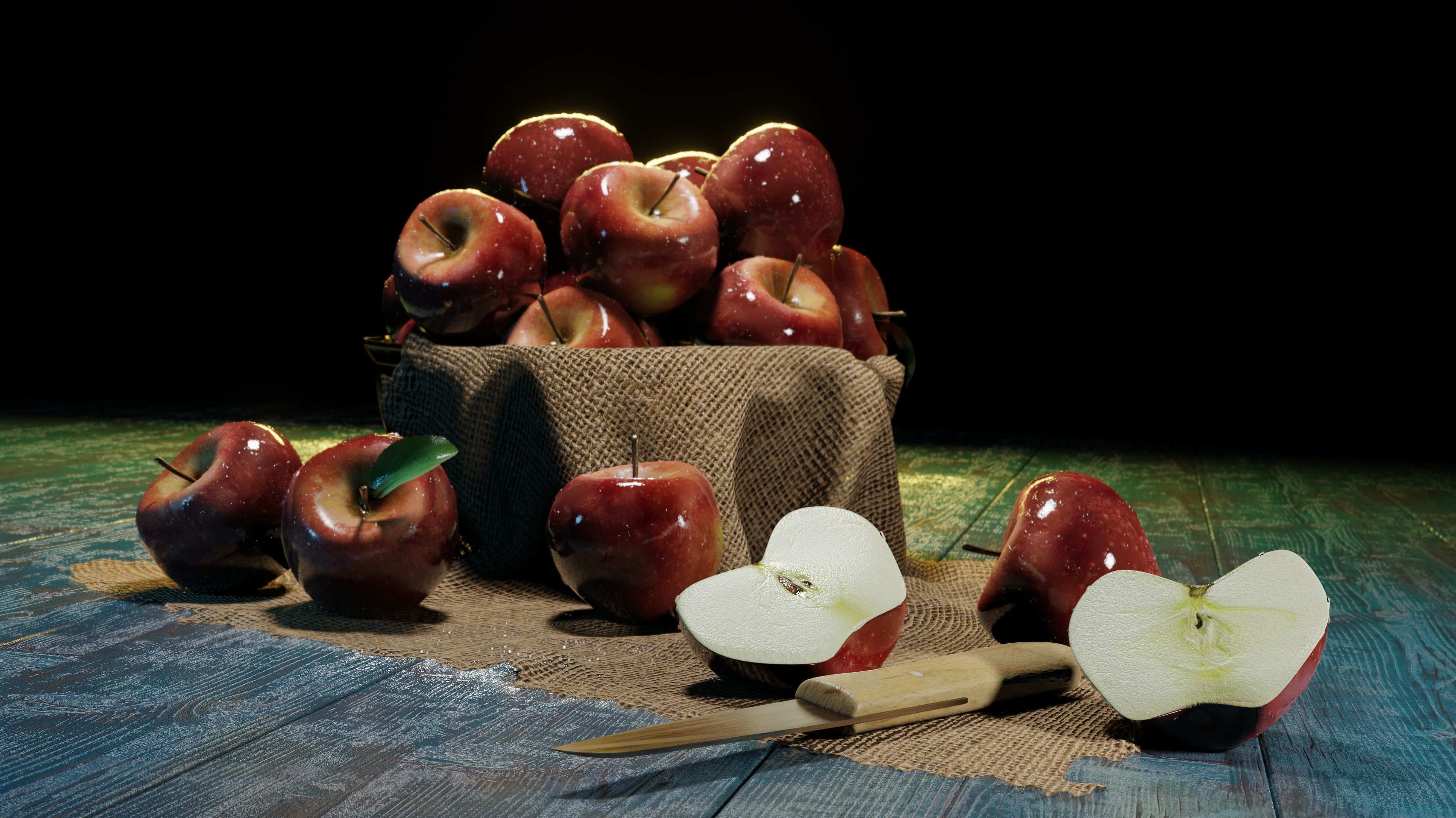 Apples in a bowl drops and knife 3D model_2