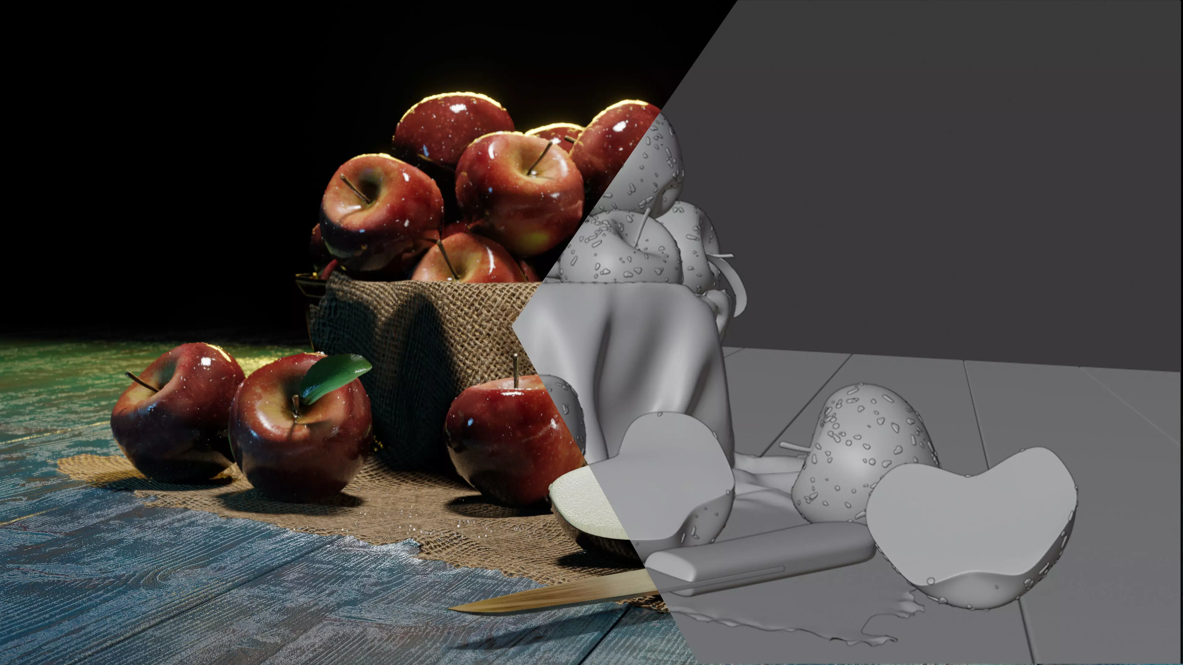 Apples in a bowl drops and knife 3D model_0