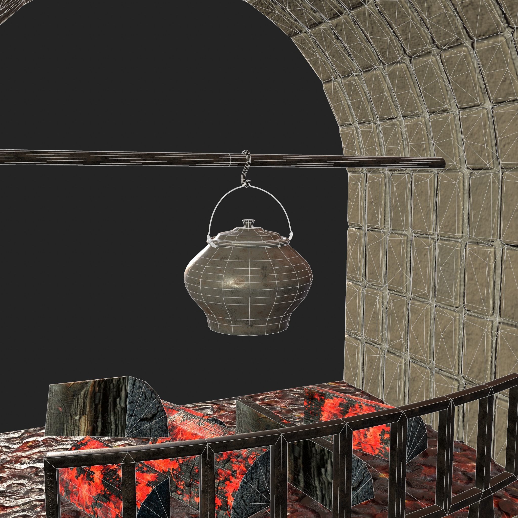 Stone fireplace game asset Low-poly 3D model_19