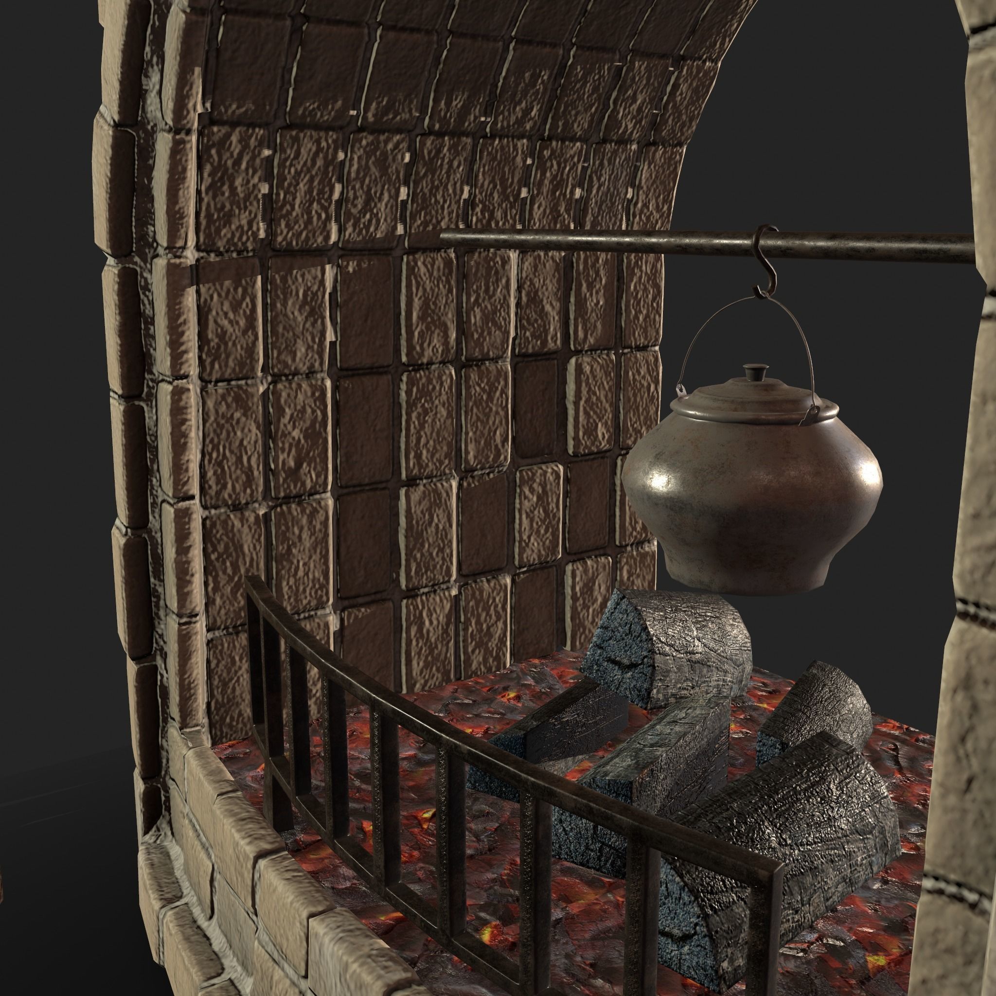 Stone fireplace game asset Low-poly 3D model_14