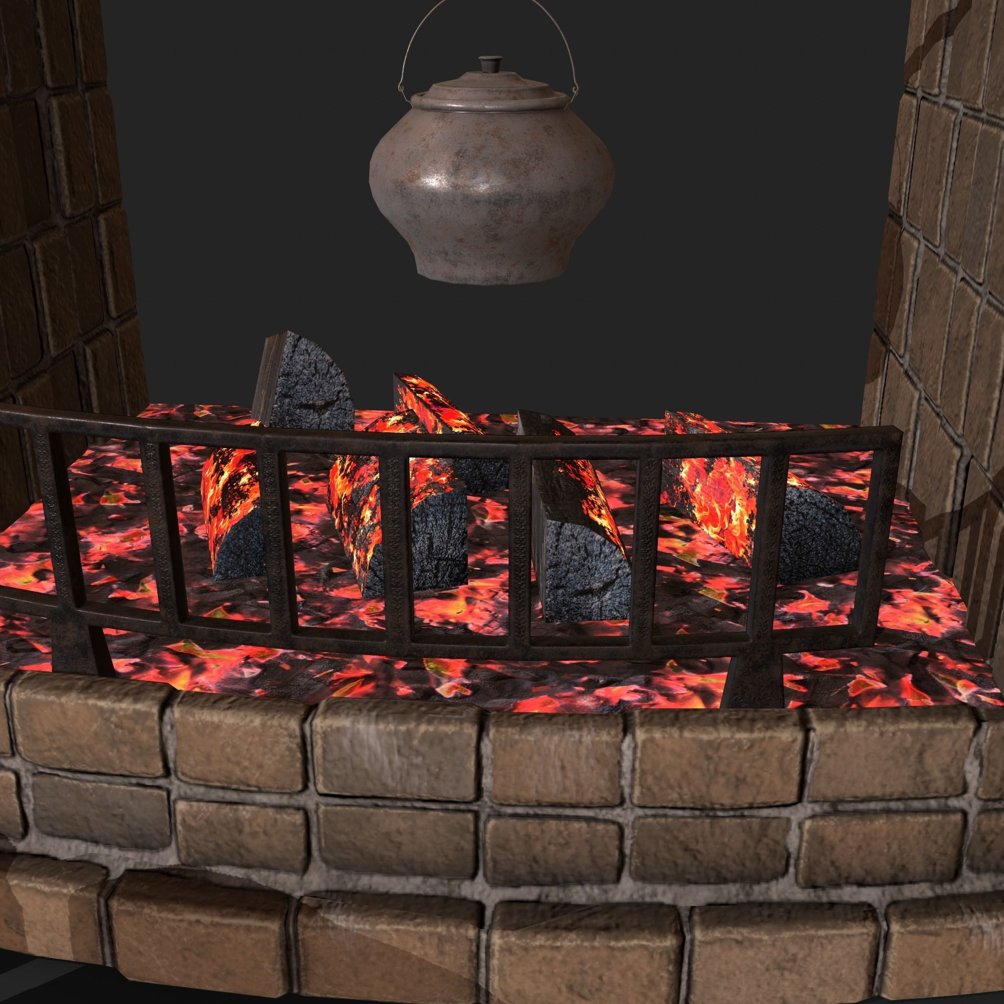 Stone fireplace game asset Low-poly 3D model_4