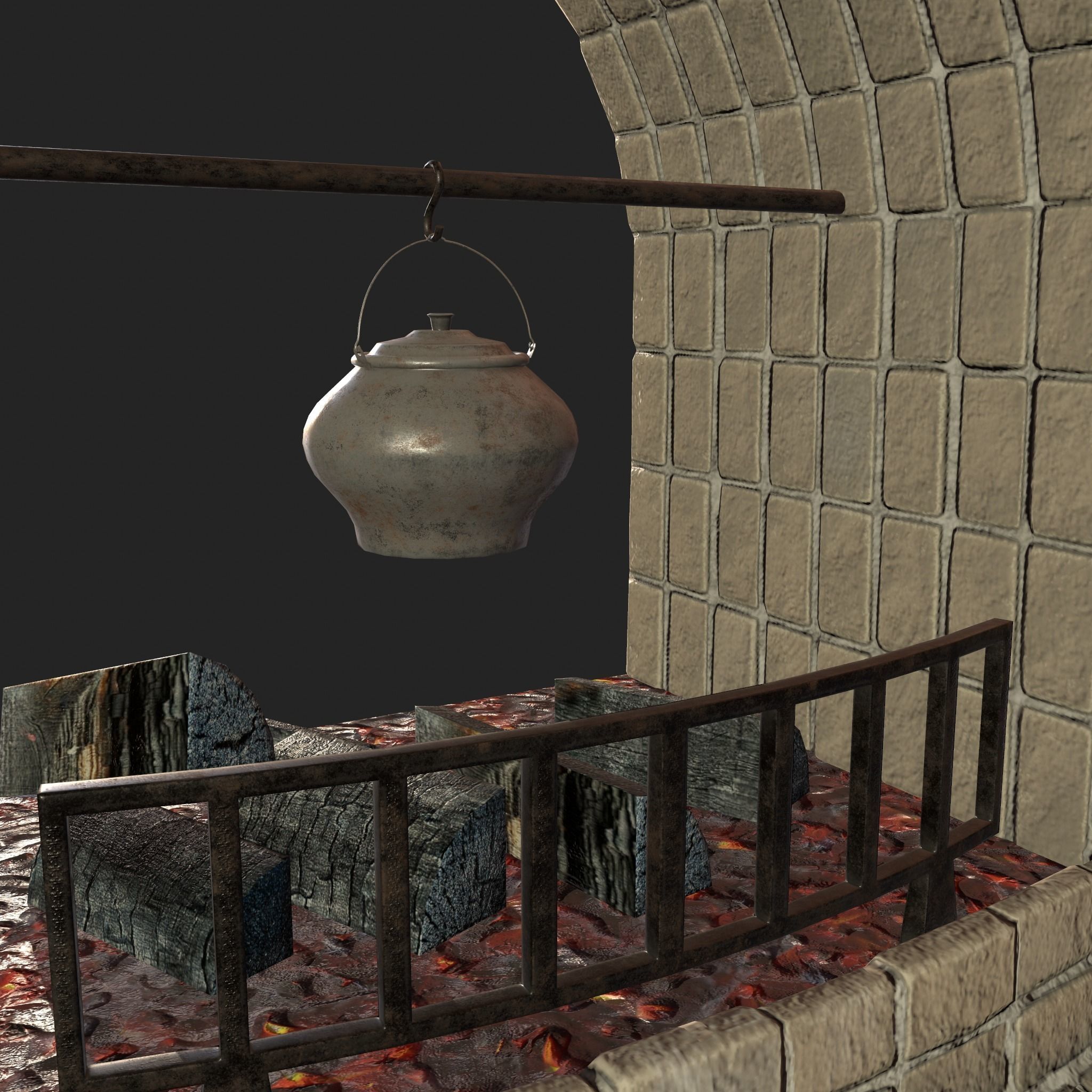 Stone fireplace game asset Low-poly 3D model_13