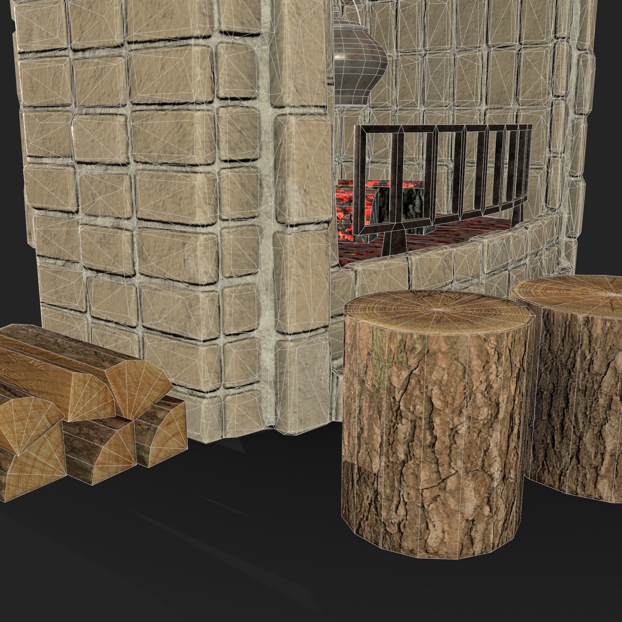 Stone fireplace game asset Low-poly 3D model_12