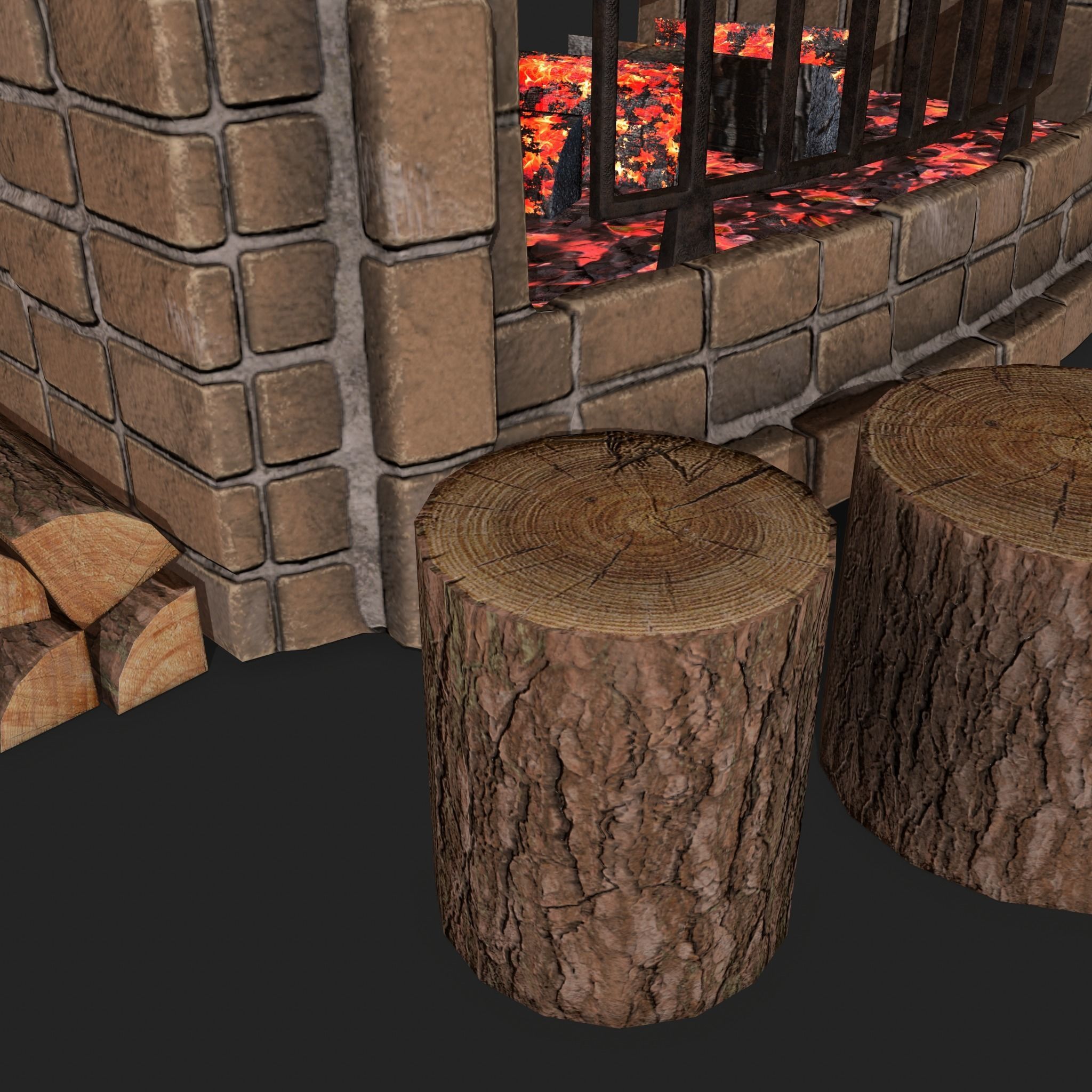 Stone fireplace game asset Low-poly 3D model_5