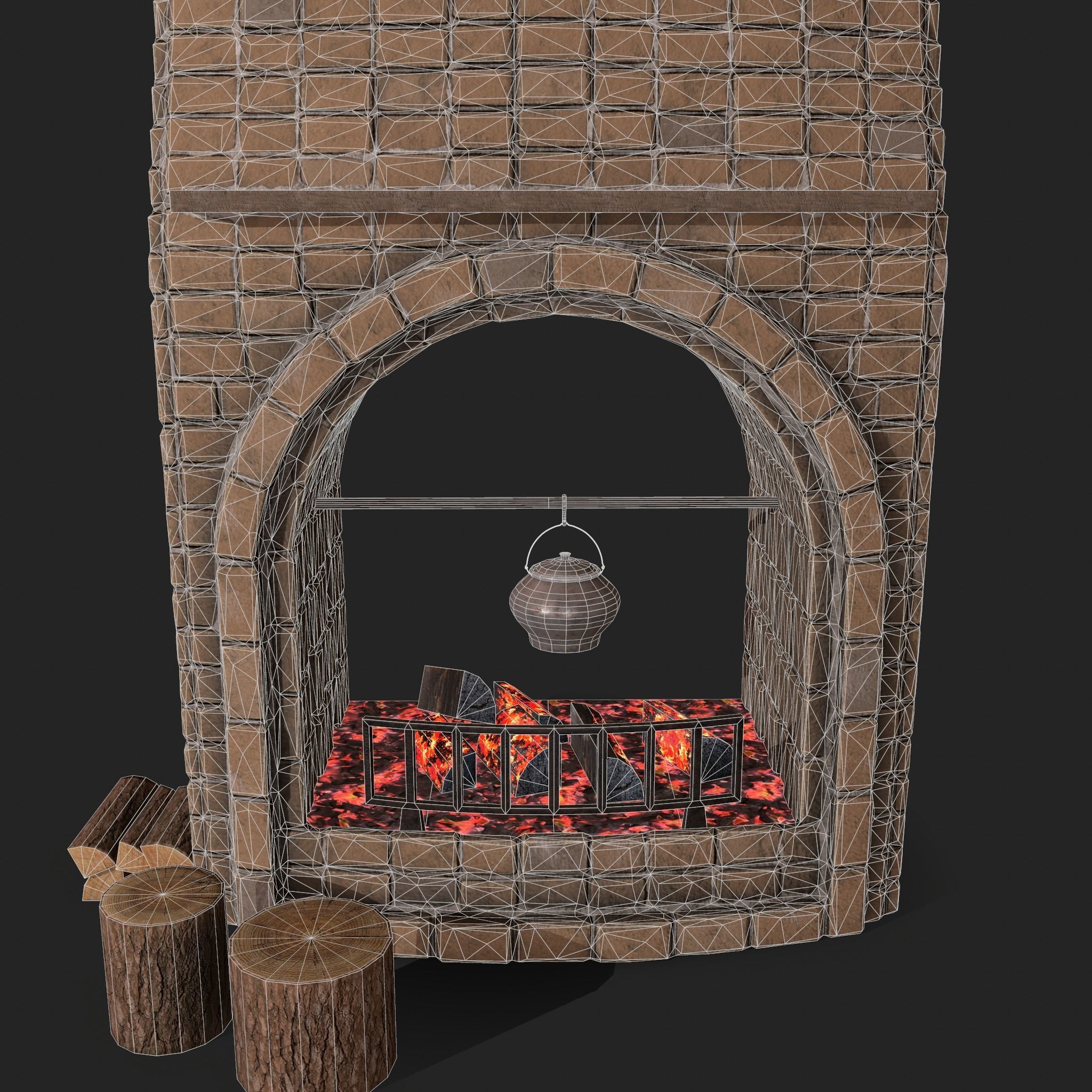 Stone fireplace game asset Low-poly 3D model_3