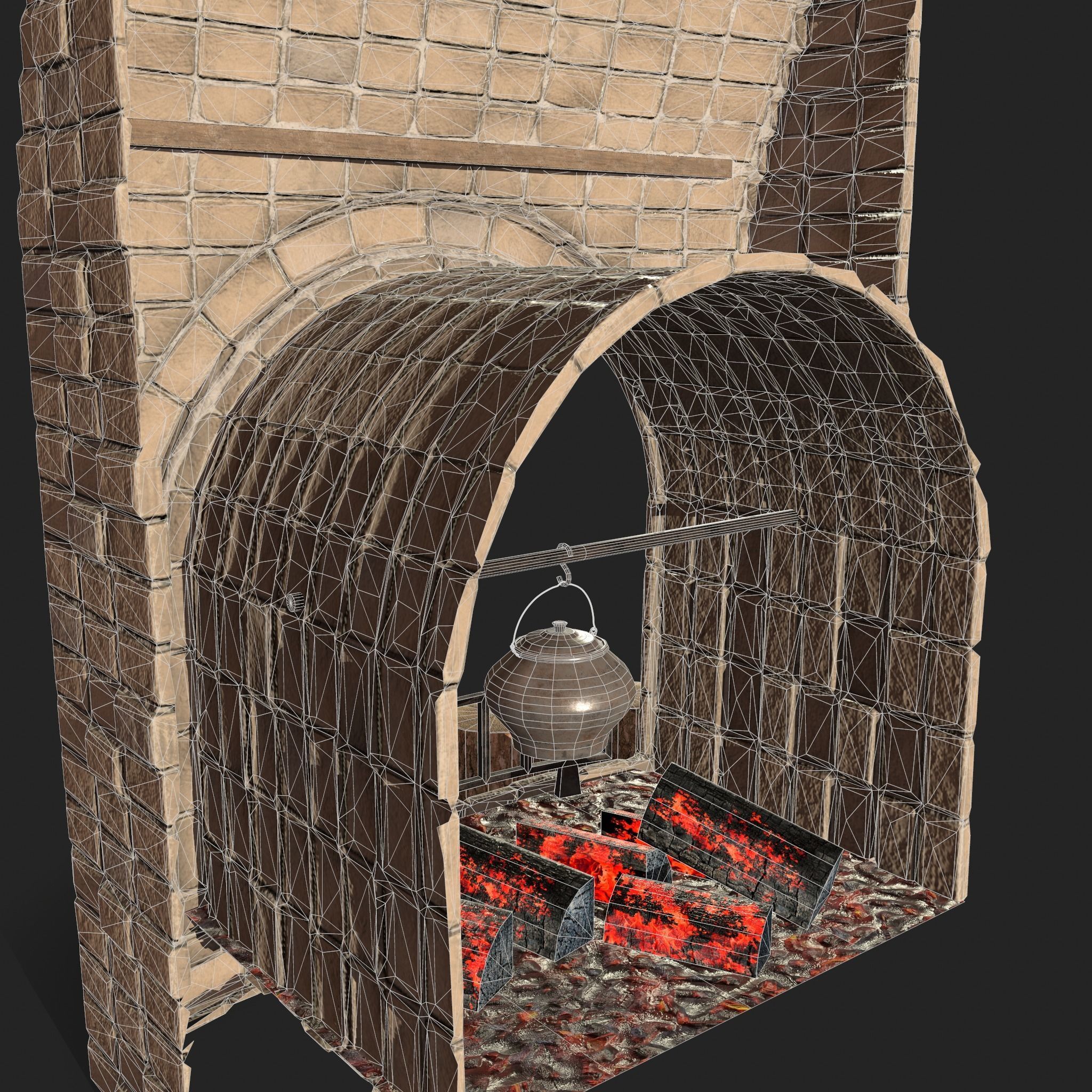 Stone fireplace game asset Low-poly 3D model_20