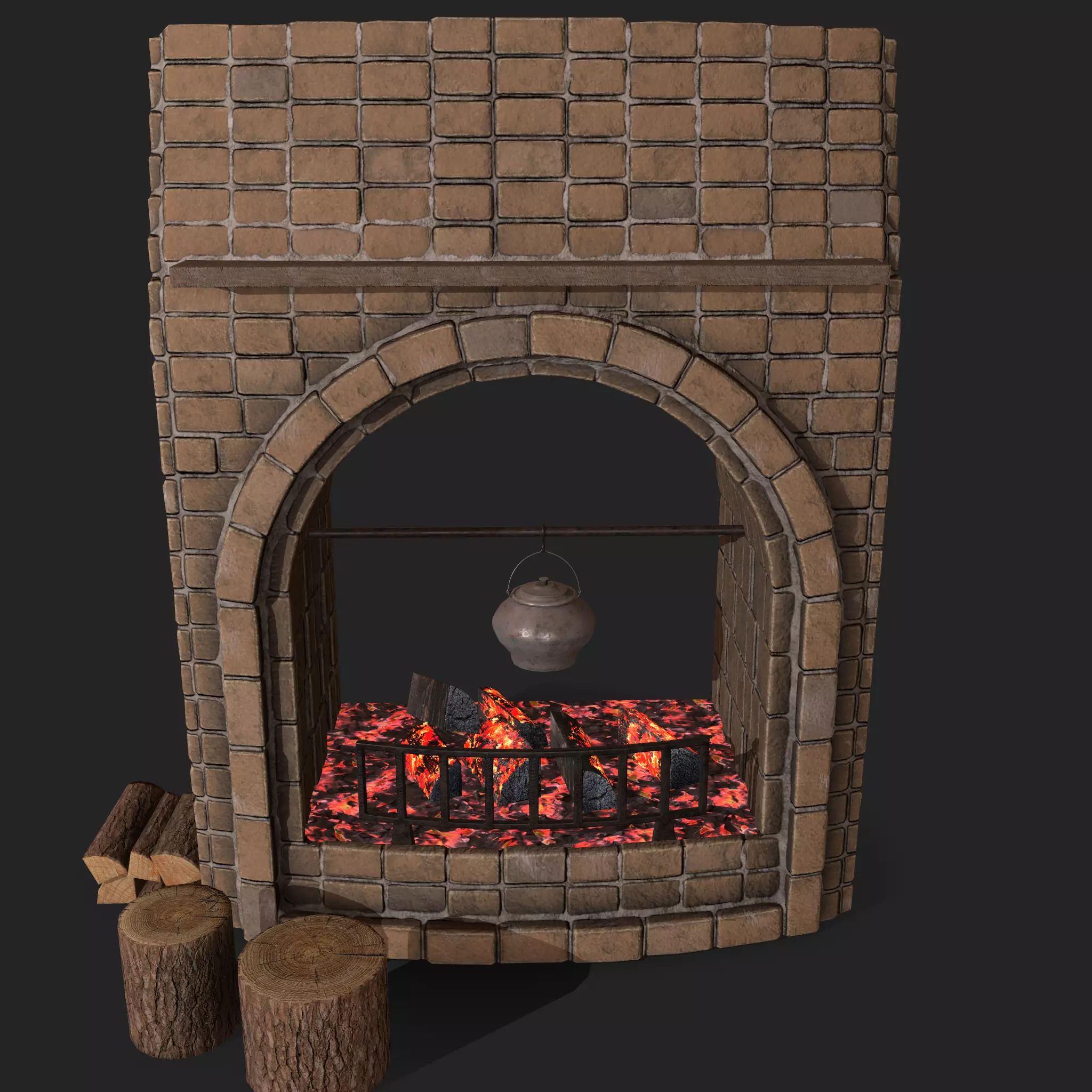Stone fireplace game asset Low-poly 3D model_0