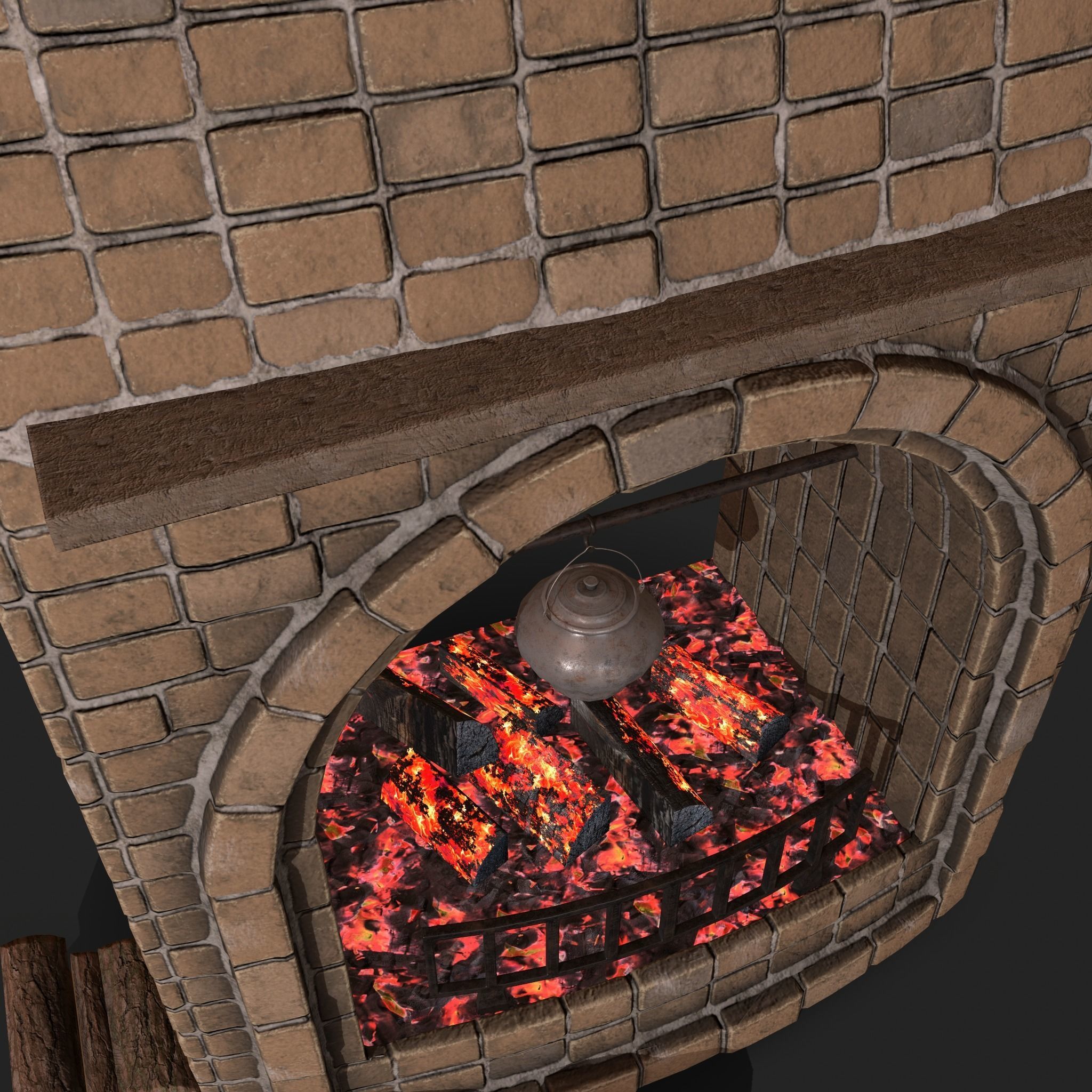 Stone fireplace game asset Low-poly 3D model_9