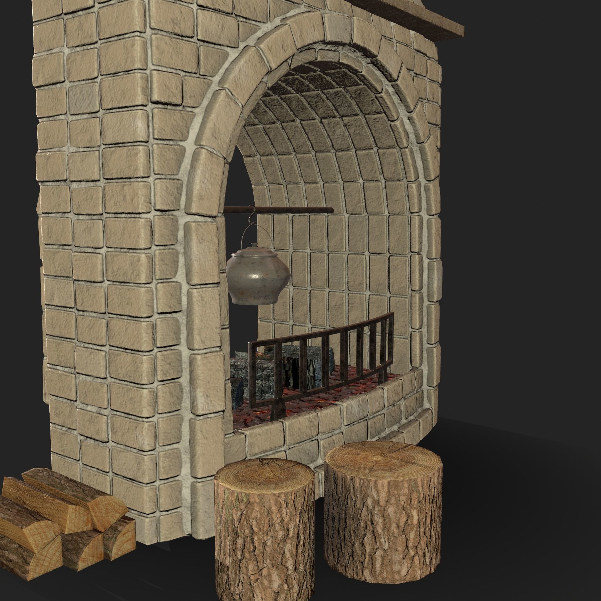 Stone fireplace game asset Low-poly 3D model_15