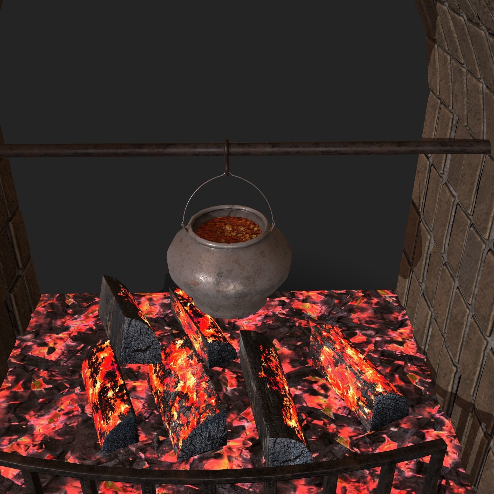 Stone fireplace game asset Low-poly 3D model_7