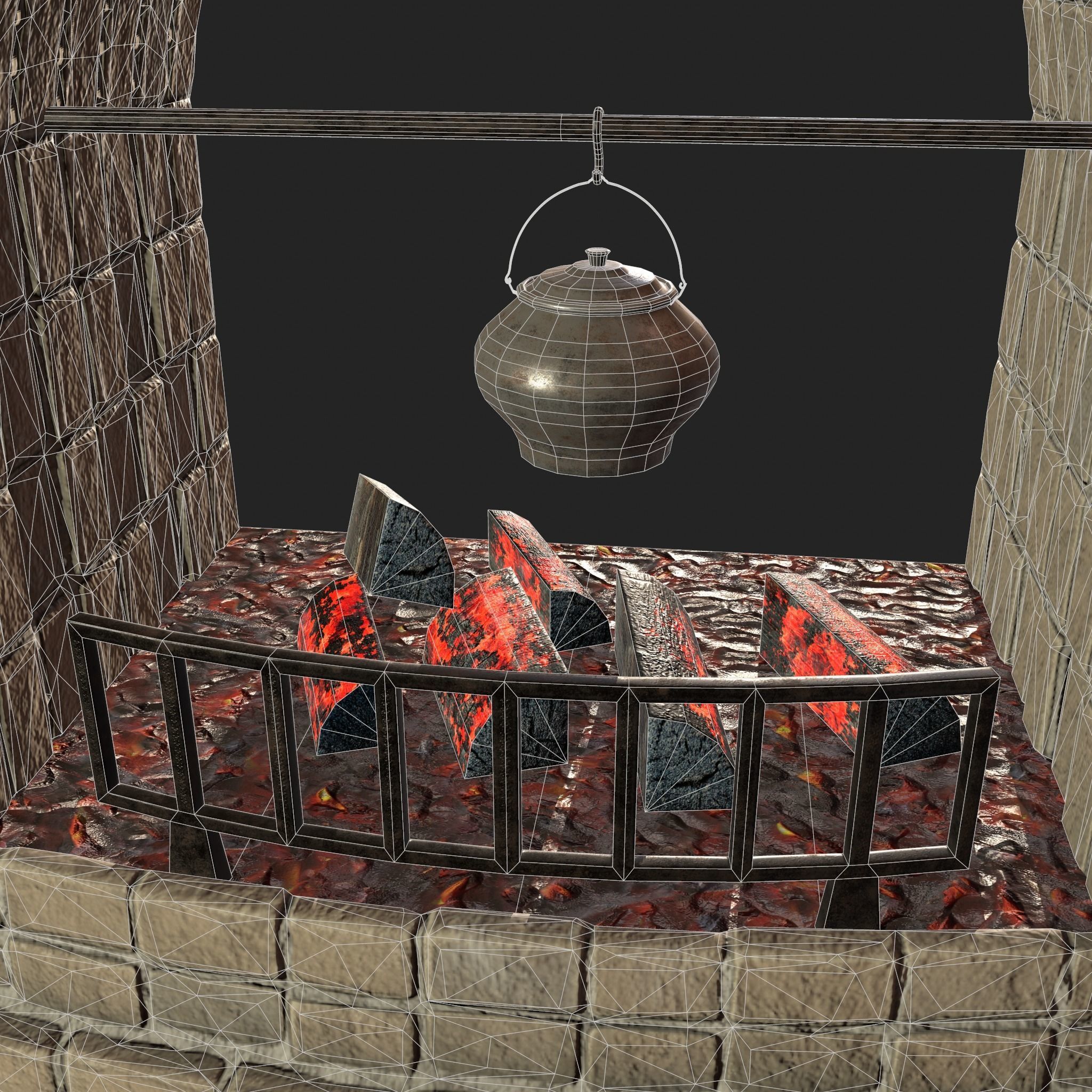 Stone fireplace game asset Low-poly 3D model_11