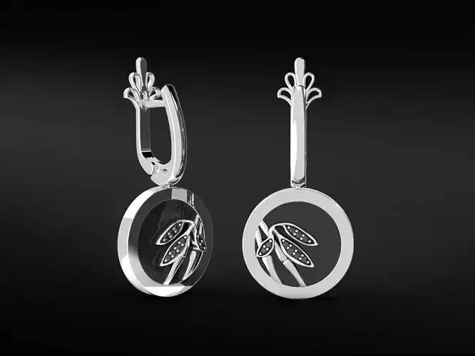 Earrings bamboo leaves with diamonds and mother of pearl 521