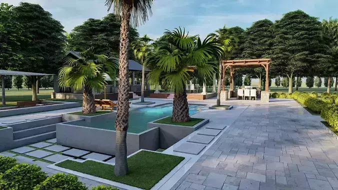 LANDSCAPE BACKYARD DESIGN OF LUXURY HOUSE 3D model 3D model