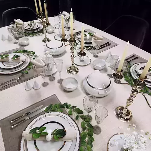 Tableware table setting with silverware and candlesticks 3D model