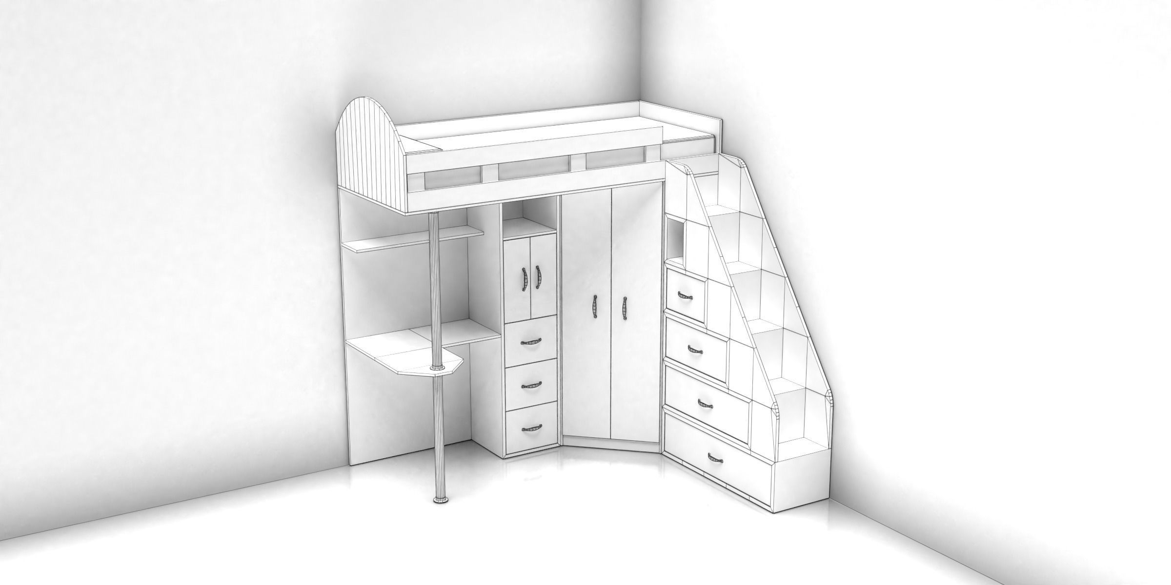 Loft Bed with Storage Area Low-poly 3D model_6