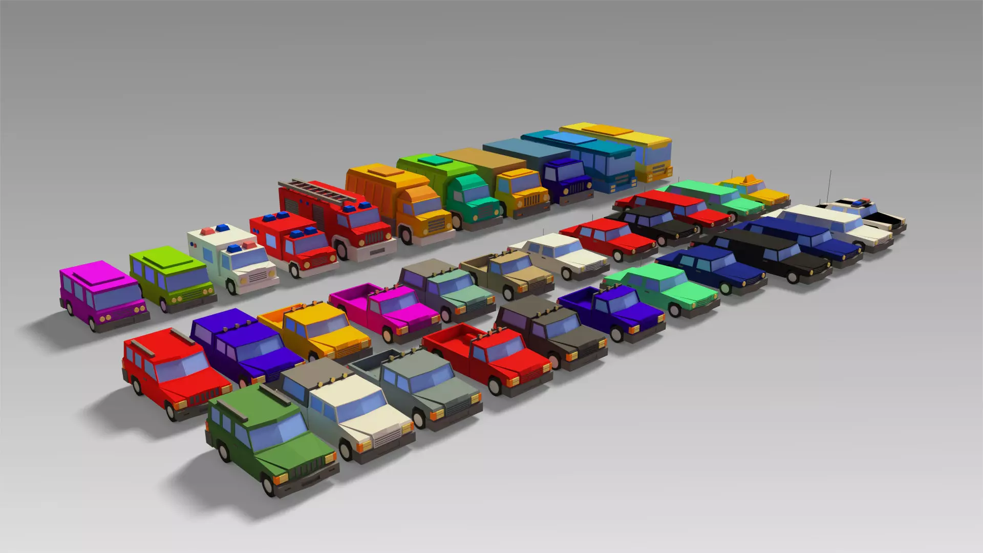 Car Set different colored trucks Low-poly 3D model_0