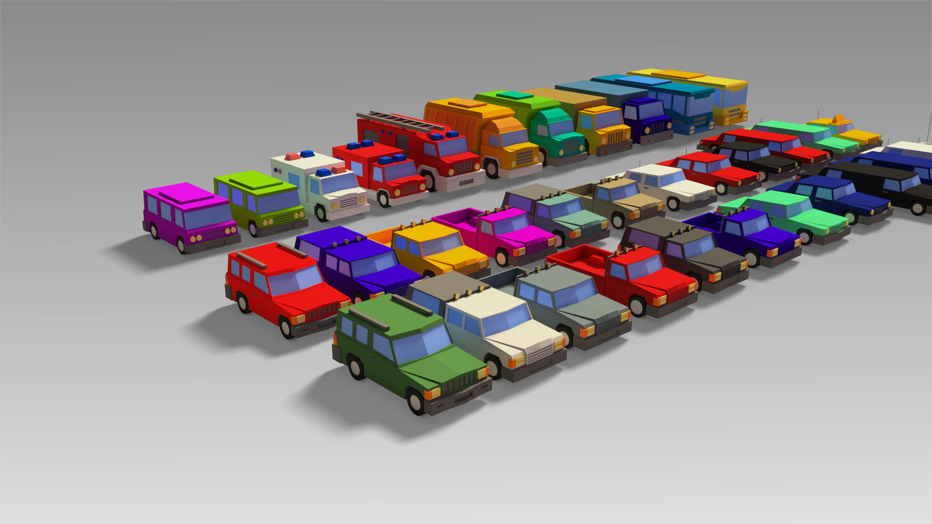 Car Set different colored trucks Low-poly 3D model_12