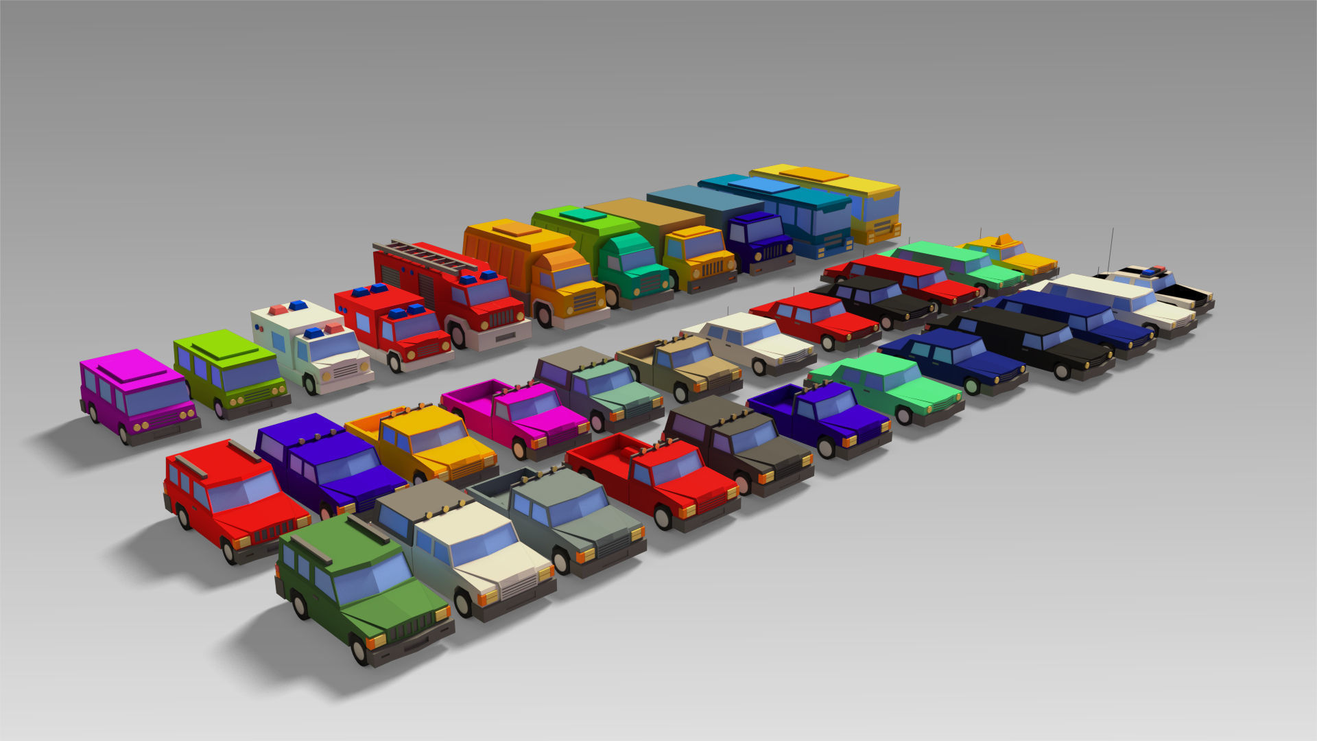 Car Set different colored trucks Low-poly 3D model_4