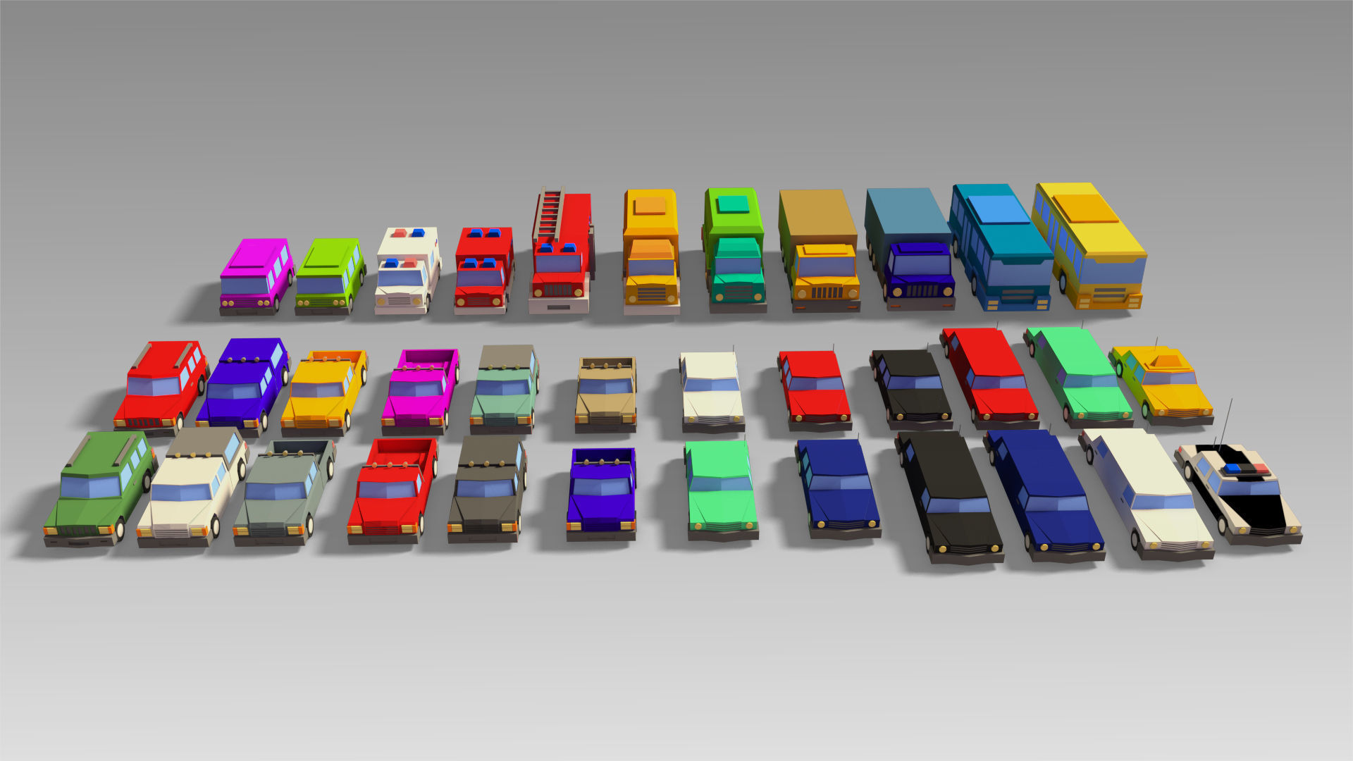 Car Set different colored trucks Low-poly 3D model_1